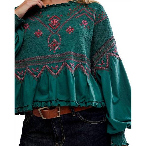 NEW FREE PEOPLE holly long sleeve knit top in green combo - Picture 4 of 5